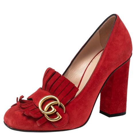 Gucci Red Suede Leather GG Marmont Fringe Detail Block Heel 